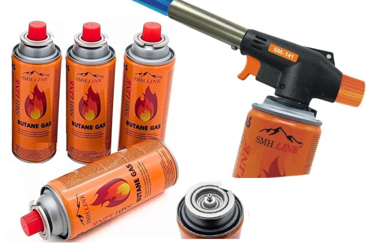 SMH LINE® Gasbrenner inkl. 4x Gaskartuschen 227g Küche Lötlampe Bunsenbrenner 1300°C Lötbrenner Brenneraufsatz Flambiergerät Piezozündung Schweißbrenner (Gasbrenner mit 4x gas)