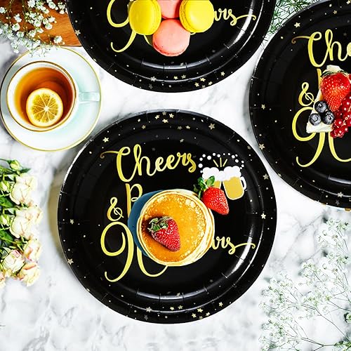 Miniatura 4 de Suministros para fiesta de cumpleaños de 90 años, juego de vajilla de alegría y cervezas, platos de 7 pulgadas y servilletas para suministros de