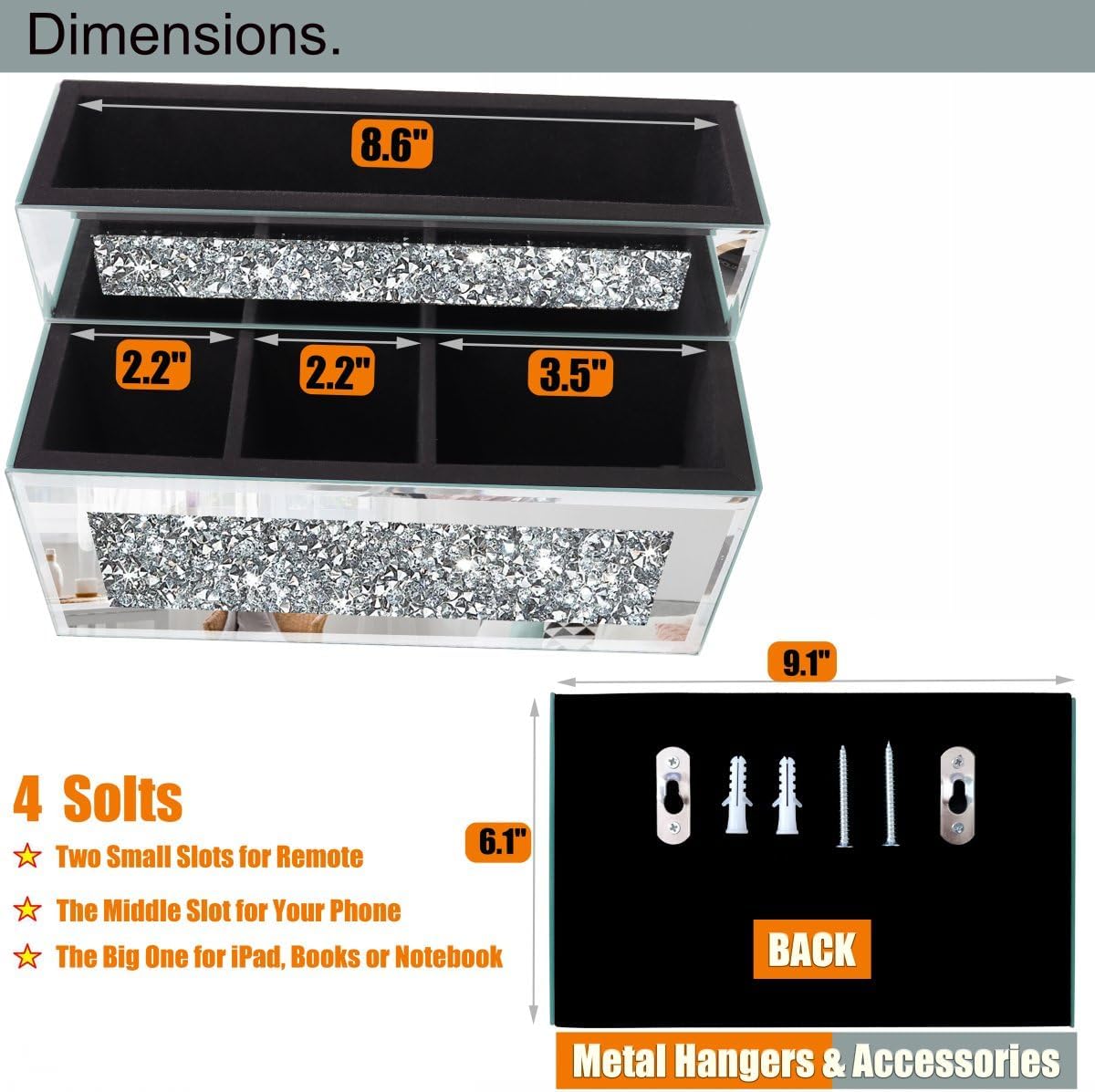 Mirrored Remote Holder, Wall or Tabletop Mounted Crush Diamond Bling Decoration Organizer Storage Caddy for Remote Phone Pad Notebook Makeup Brush,4 Slots in 3 Sizes,9.1"×6.1"×4.8" - Image 5