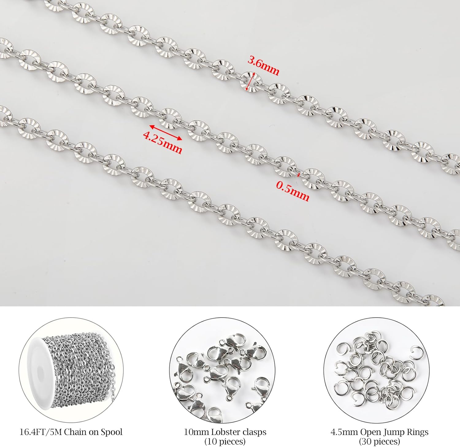 KYUNHOO 5 Meters Flat Circle Chain Roll Silver Jewelry Chains for Making Jewelry Stainless Steel Chain Bulk Thin Cable Chains Sunflower Texture Chain for Crafts Making - Image 2