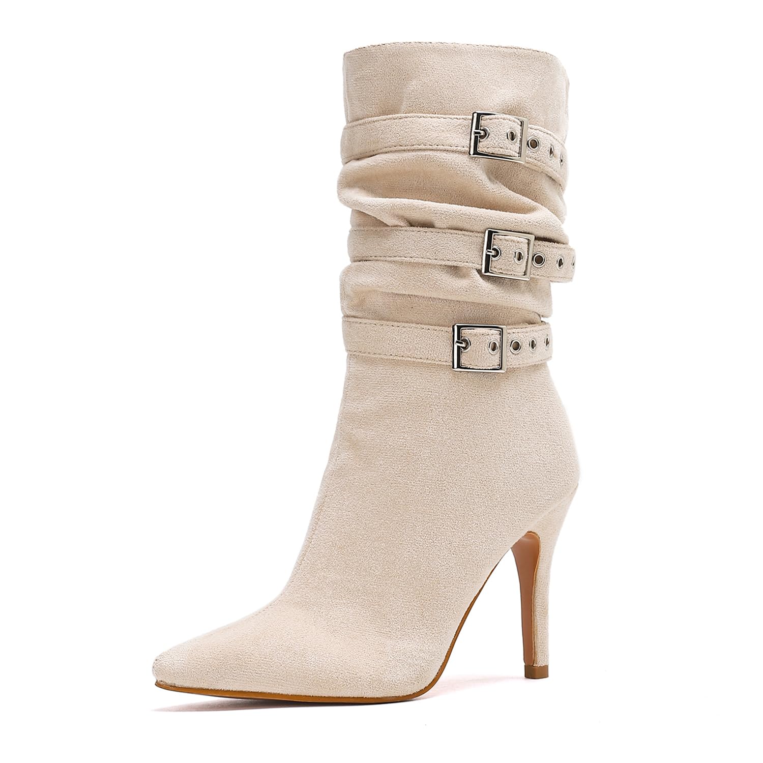 getmorebeauty Womens Suede Stiletto Heels Mid Calf Boots Buckle Straps Sexy Pointed Toe Side Zip Long Boots Winter