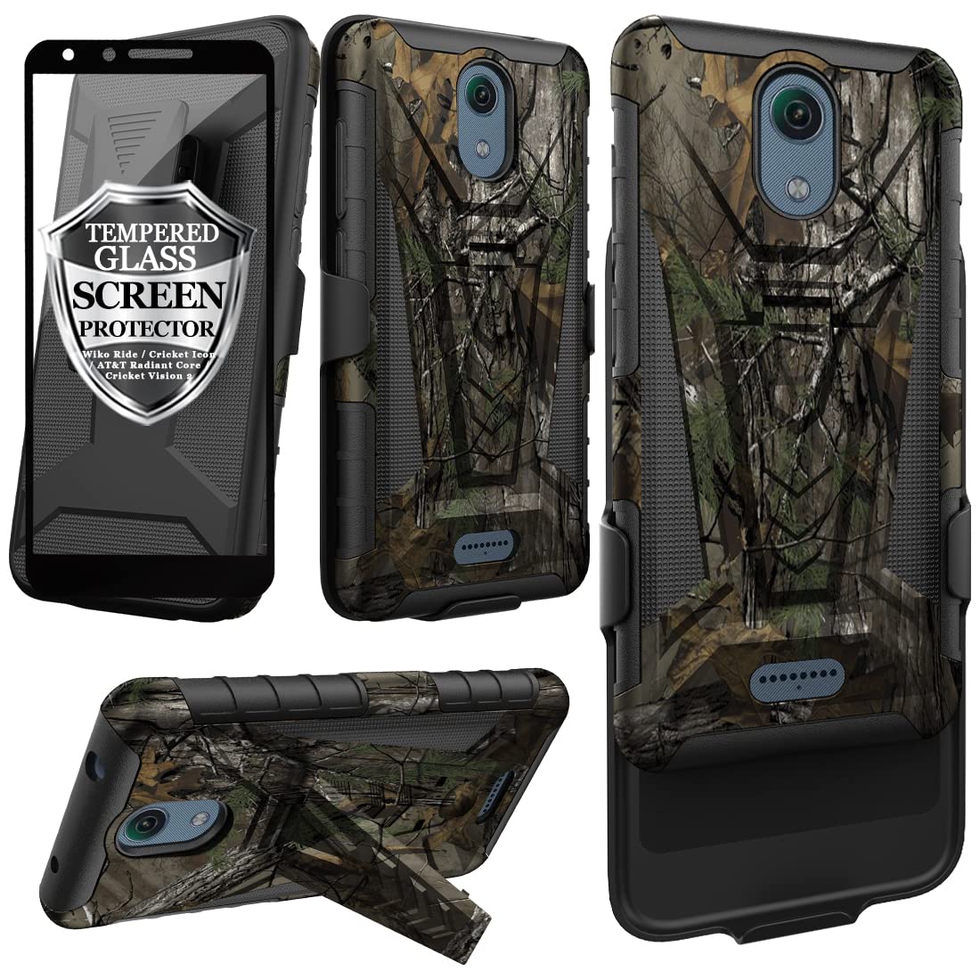 Ailiber Case Compatible with Cricket Vision 2 (U304AC), Wiko Ride(W-U300)/Cricket Icon(U304)/Radiant Core(U304AA) Case Holster with Screen Protector, Swivel Belt Clip Case with Kickstand Cover-Camo