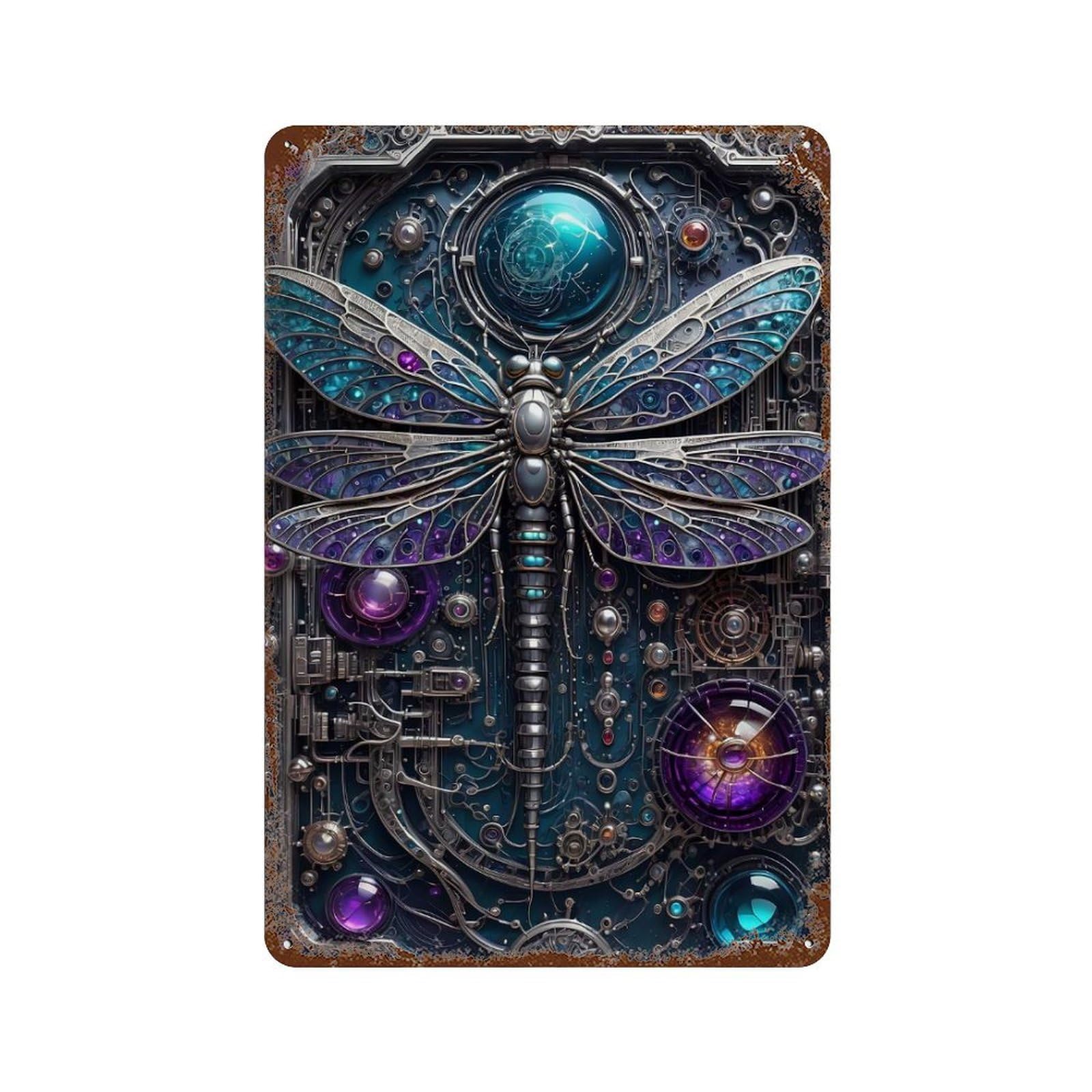 Steampunk Dragonfly 11.8"x7.9" Weathered Tin Sign, Shabby Chic Decor for Farmhouse, Kitchen And Entryway Decor