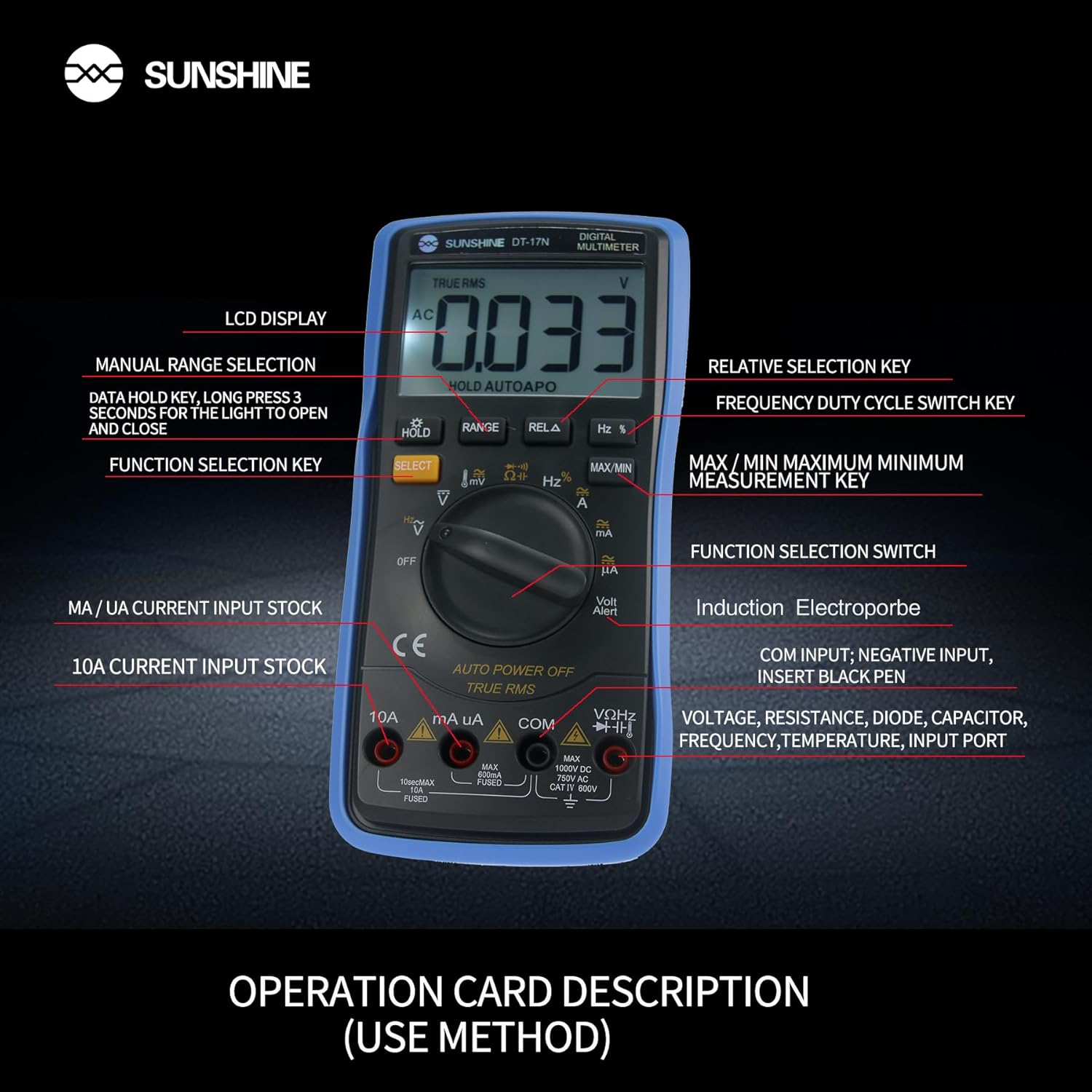 Diagram of the Sunshine DT-17N Digital Multimeter showing labeled buttons, rotary dial functions, and input ports.