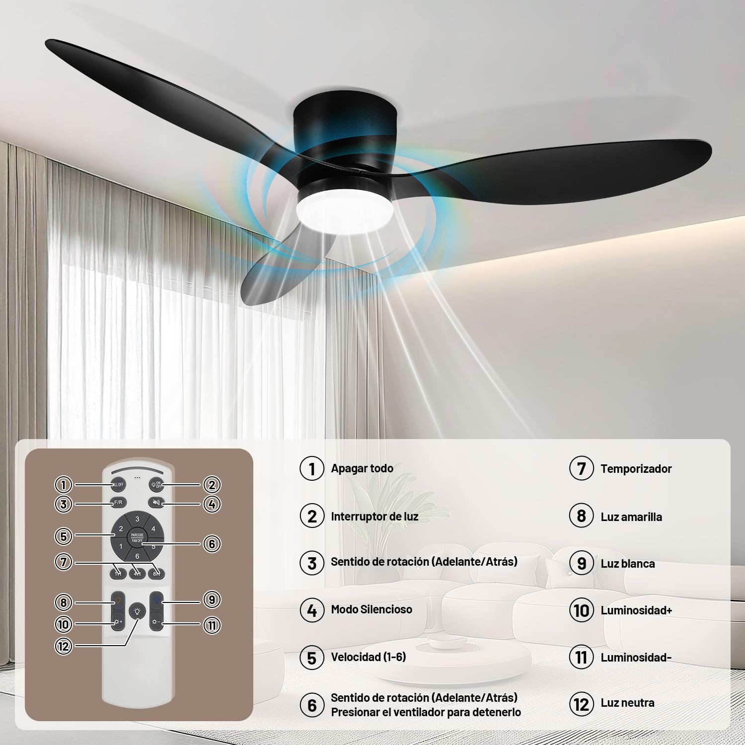 Daromigo Deckenventilator mit Beleuchtung 132cm, Smart Deckenleuchte mit Ventilator Fernbedienung und APP, 6 Geschwindigkeiten, Dimmbar, Timer, Umkehrsfunktion für Wohnzimmer, Schwarz