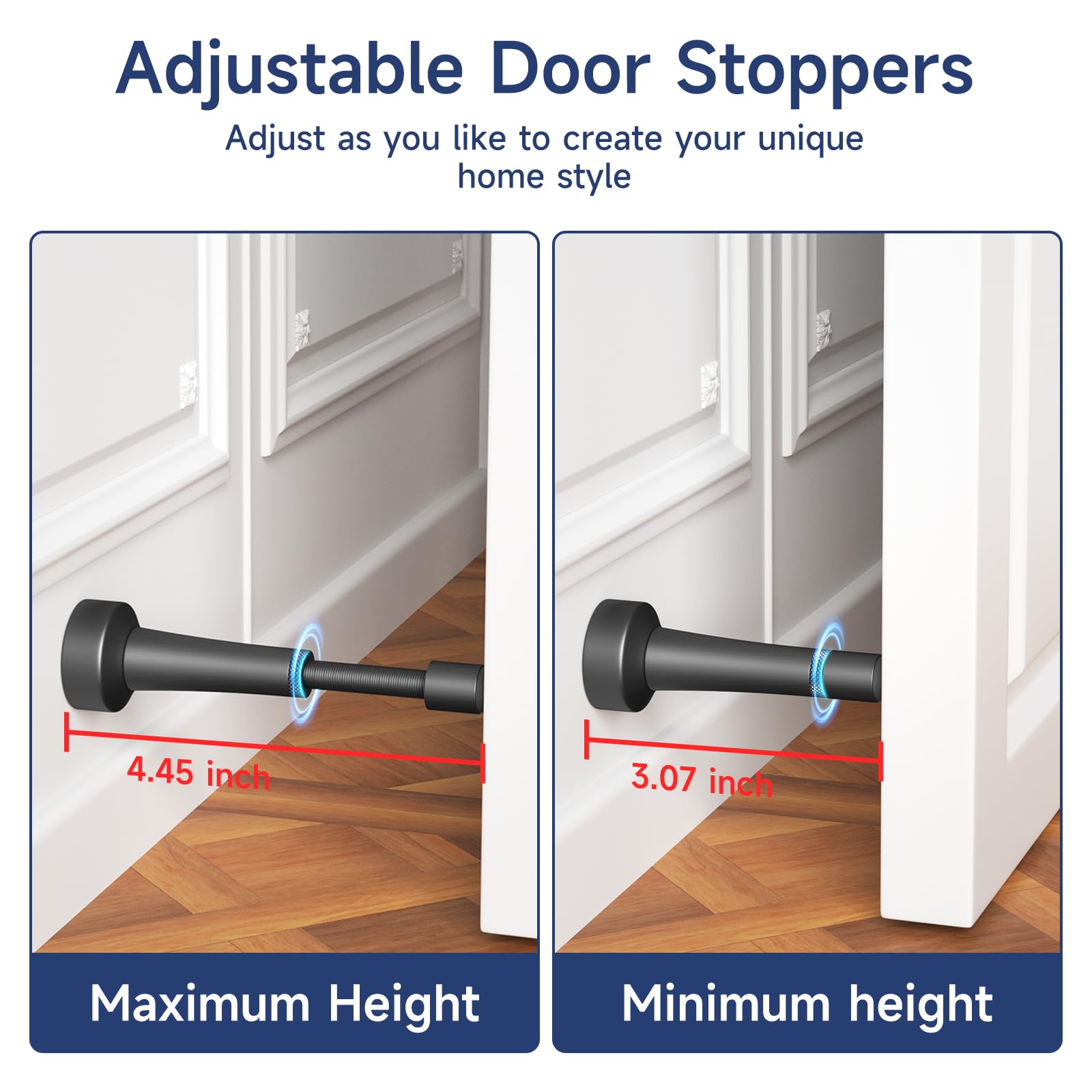 4 topes de puerta de altura ajustable, topes de puerta de aluminio para parte inferior de puerta, topes de puerta para pared, punta de silicona mate, fácil instalación