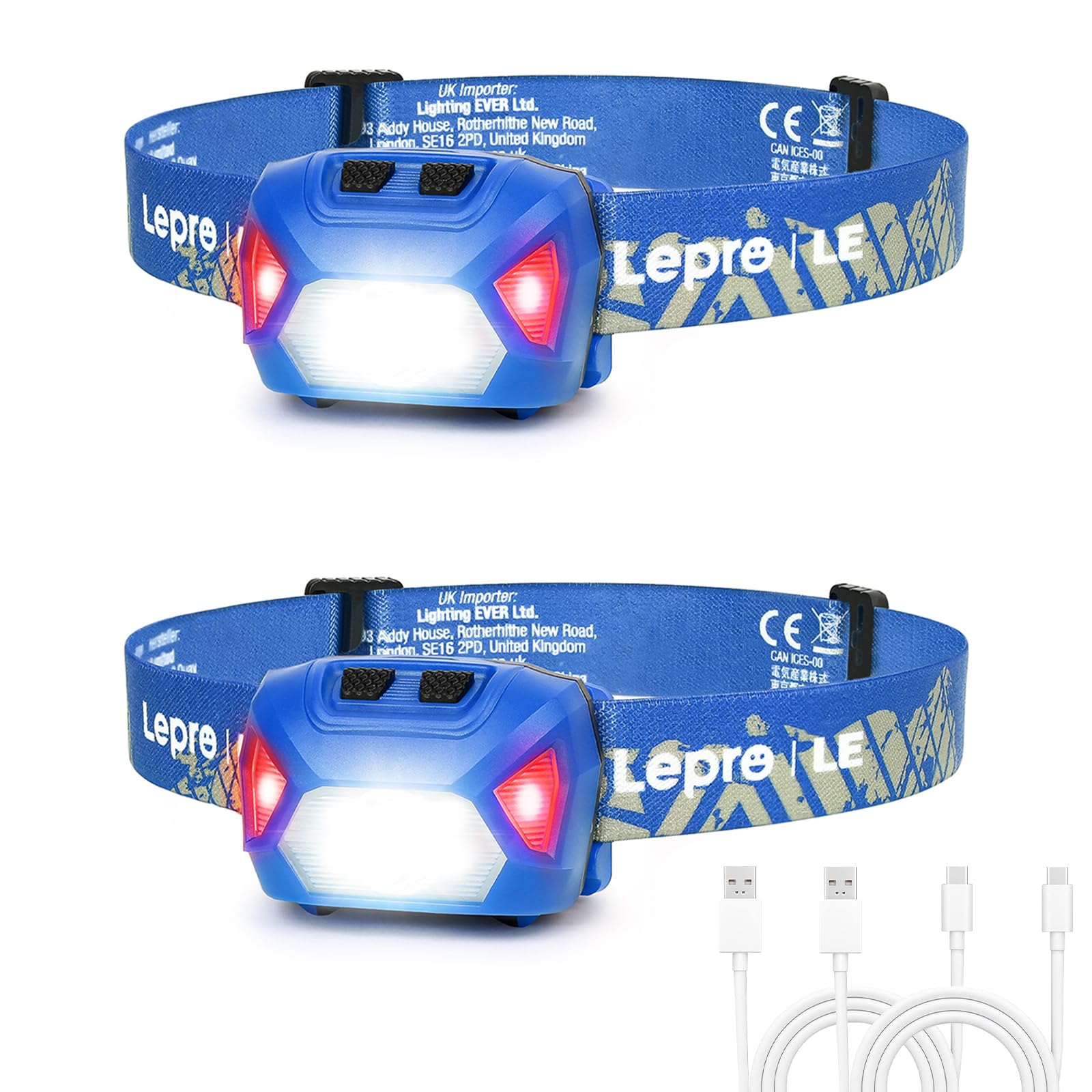 Lepro Head Torch Rechargeable, 2 Pack 2000L Waterproof LED Headlamp with Red Warning Lights, 30Hrs Runtime, 6 Lighting Modes, for Running Fishing Camping, Super Lightweight Headlight for Kids & Adults — image 1