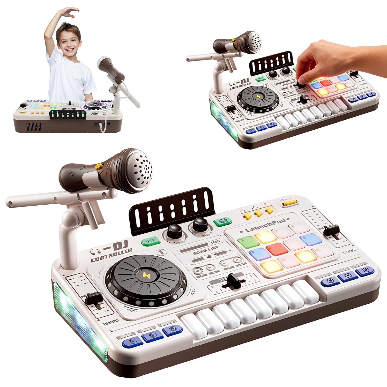 Table de Mixage DJ Enfants, DJ Mixer Controller pour enfant Platines avec Microphone, Effets de Lumière, Mode de Jeu, Mixeur DJ, Jouet Musical Interactif peut être Bluetooth pour Garçons et Filles