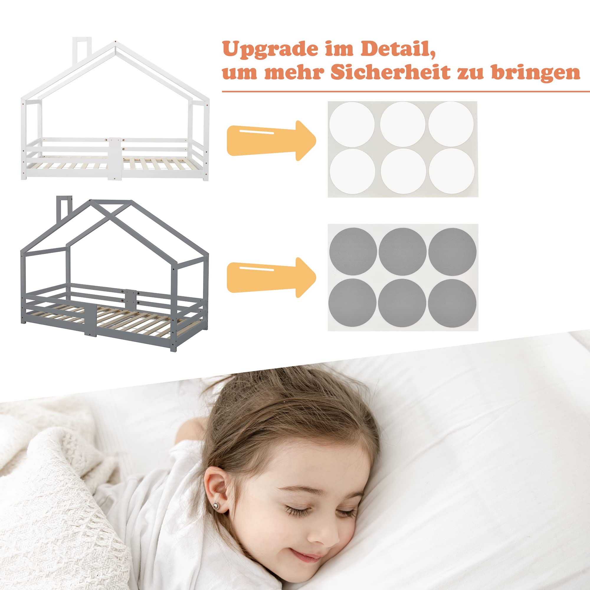 Gecheer Cama Infantil Forma de Casa, Cama Casita de Madera de Pino 90x200cm con Barandillas de Seguridad, Cama Niños con Listones Incluidos, para Dormitorio Infantil, 209x96x142.5cm YJXGGXP-QES-WF1979