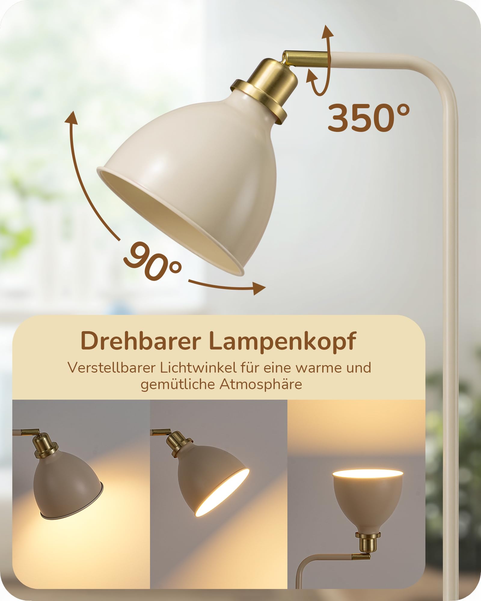 EDISHINE Stehlampe Industriell, Verstellbarer Kopf, Inkl. LED, Cremeweiß | mit Metall-Lampenschirm, E27-Fassung, 2700 K Warmweiß, Leselampe für Wohnzimmer, Schlafzimmer & Büro, 155 cm