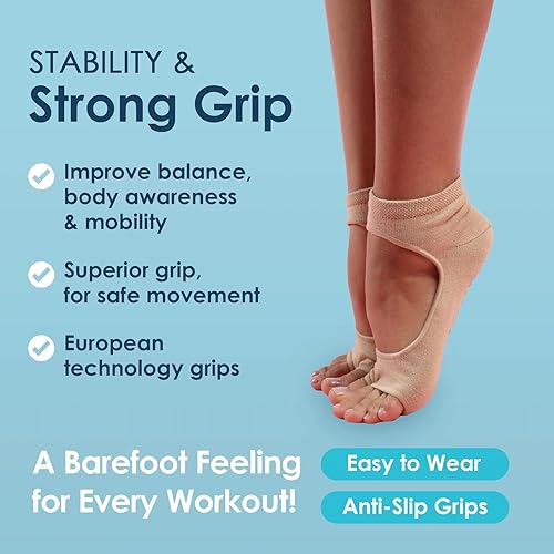 Miniatura 7 de Tucketts Calcetines de pilates sin dedos con agarres para mujer, calcetines de yoga antideslizantes con agarres, color nude, tallas 5-13, 1 par