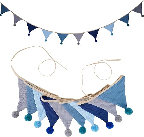 Fabric Bunting Banner, 2 Pack Handmade Neutral String Banner with Felt Ball Each 8.5 ft 10 Flags Nursery Wall Hanging Wedding Birthday Home Baby Shower Party Decoration Bunting (Blue 2 Pack)