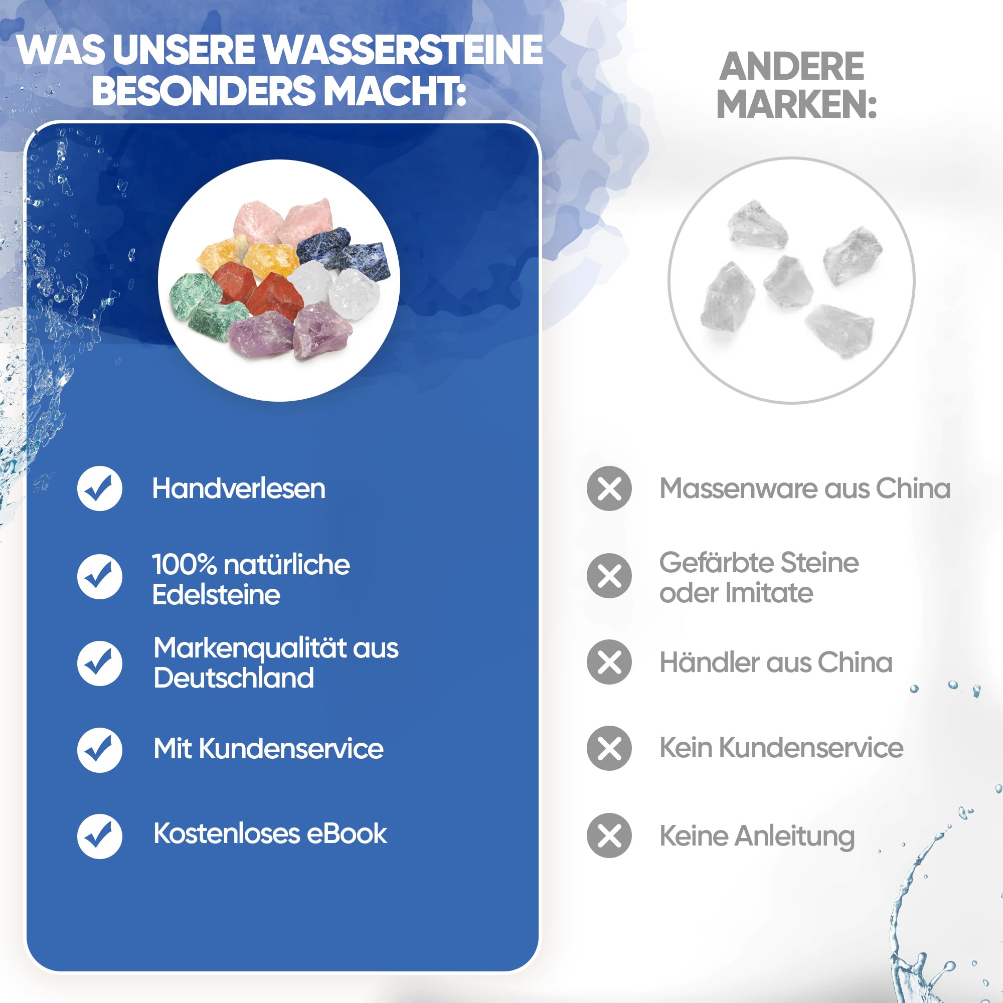 PURAJA Große Wasserstein Mischung | Premium Natursteine | Heilsteine Set mit den 7 beliebtesten Natursteinen | 300g Edelsteine für Trinkwasser | Wassersteine zur Wasseraufbereitung