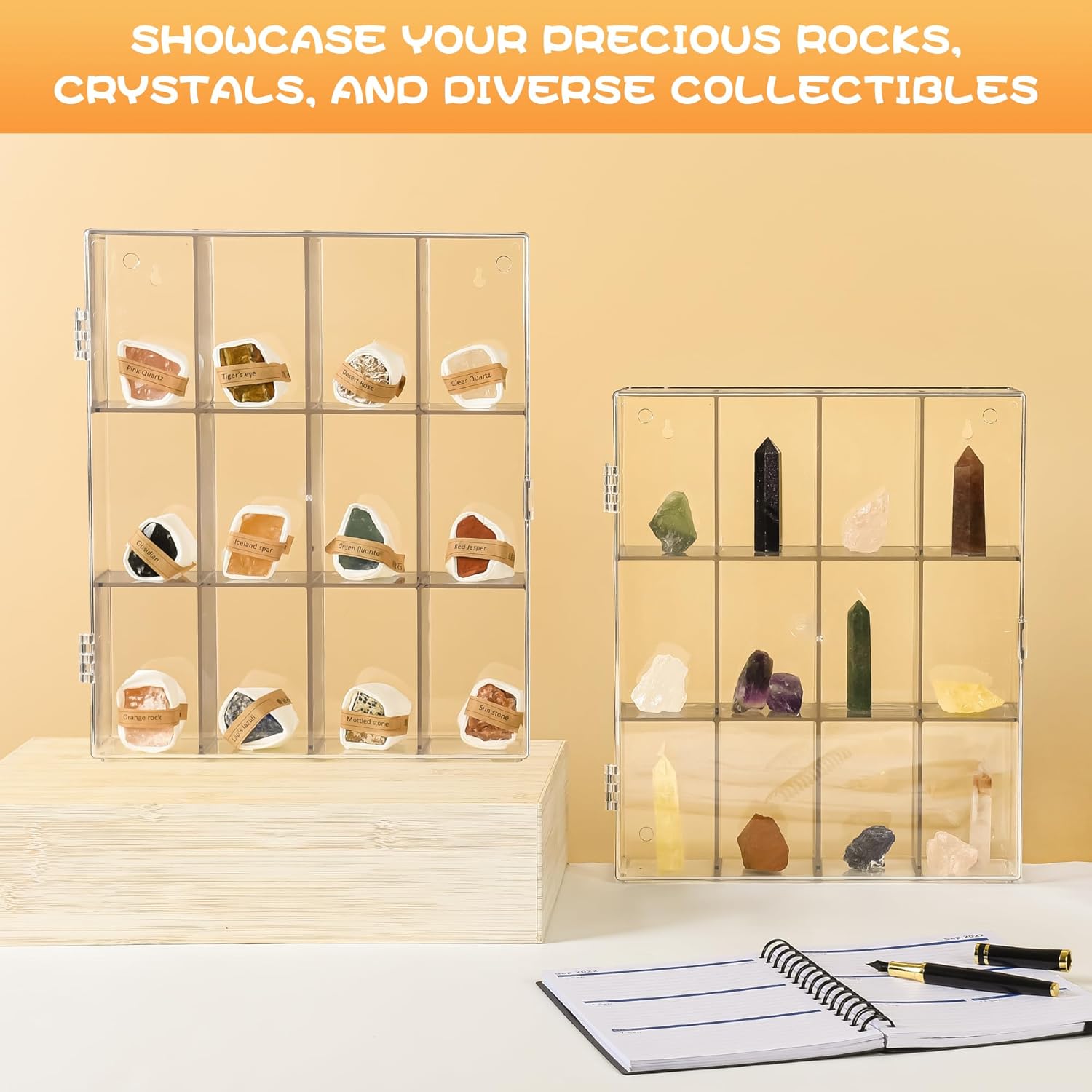 12-Compartment Acrylic Display Case for Figures, Rocks, Crystals, Mini Toys & Collectibles - Clear Display Box, Wall-Mountable & Desktop, Swing Door Design, Dustproof & Waterproof, No Assembly