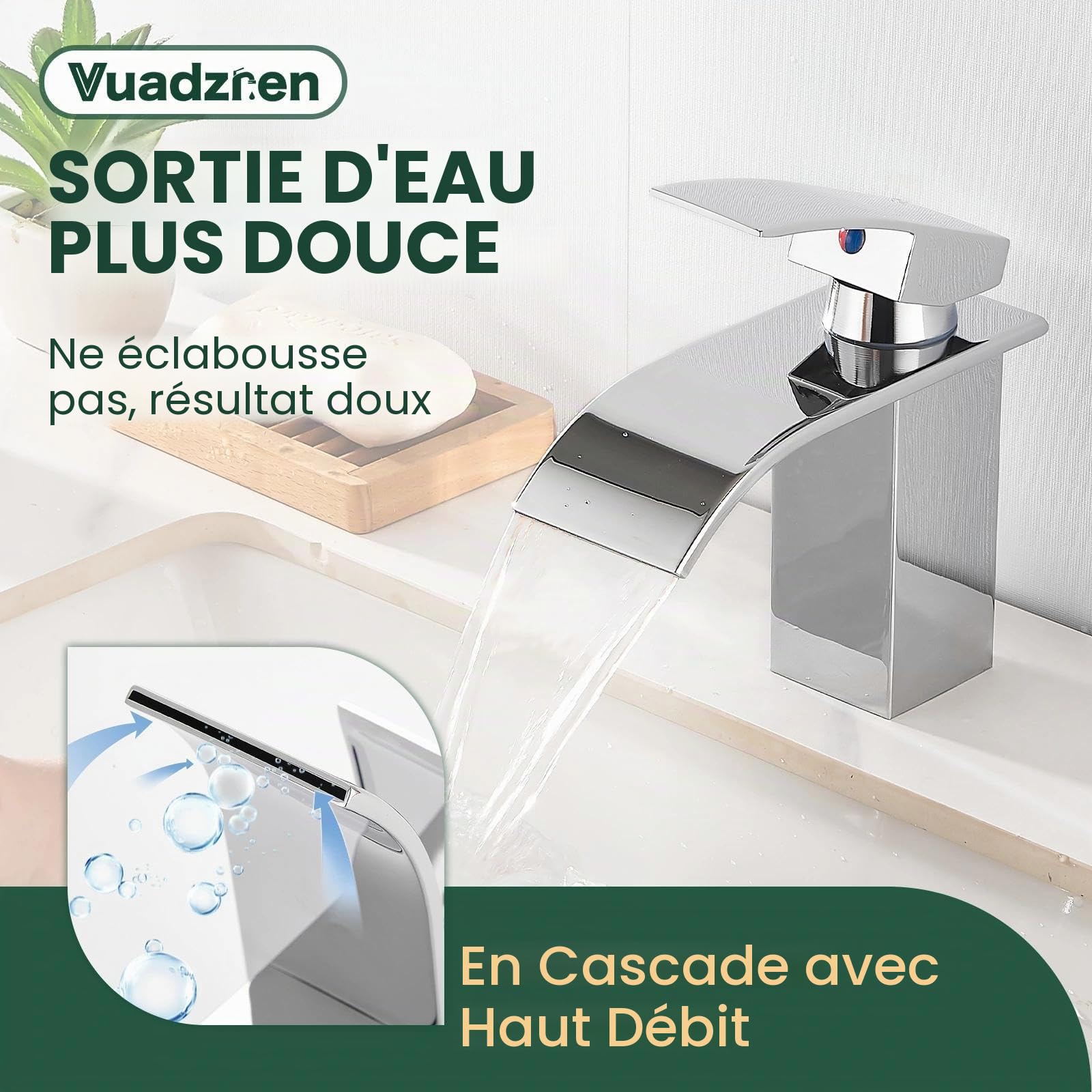 Robinet de salle de bain avec jeu d'échappement, mitigeur en cascade pour lavabo, monocommande pour salle de bain avec tuyau de raccordement G3/8 pour WC des invités (hauteur de drain 80 mm