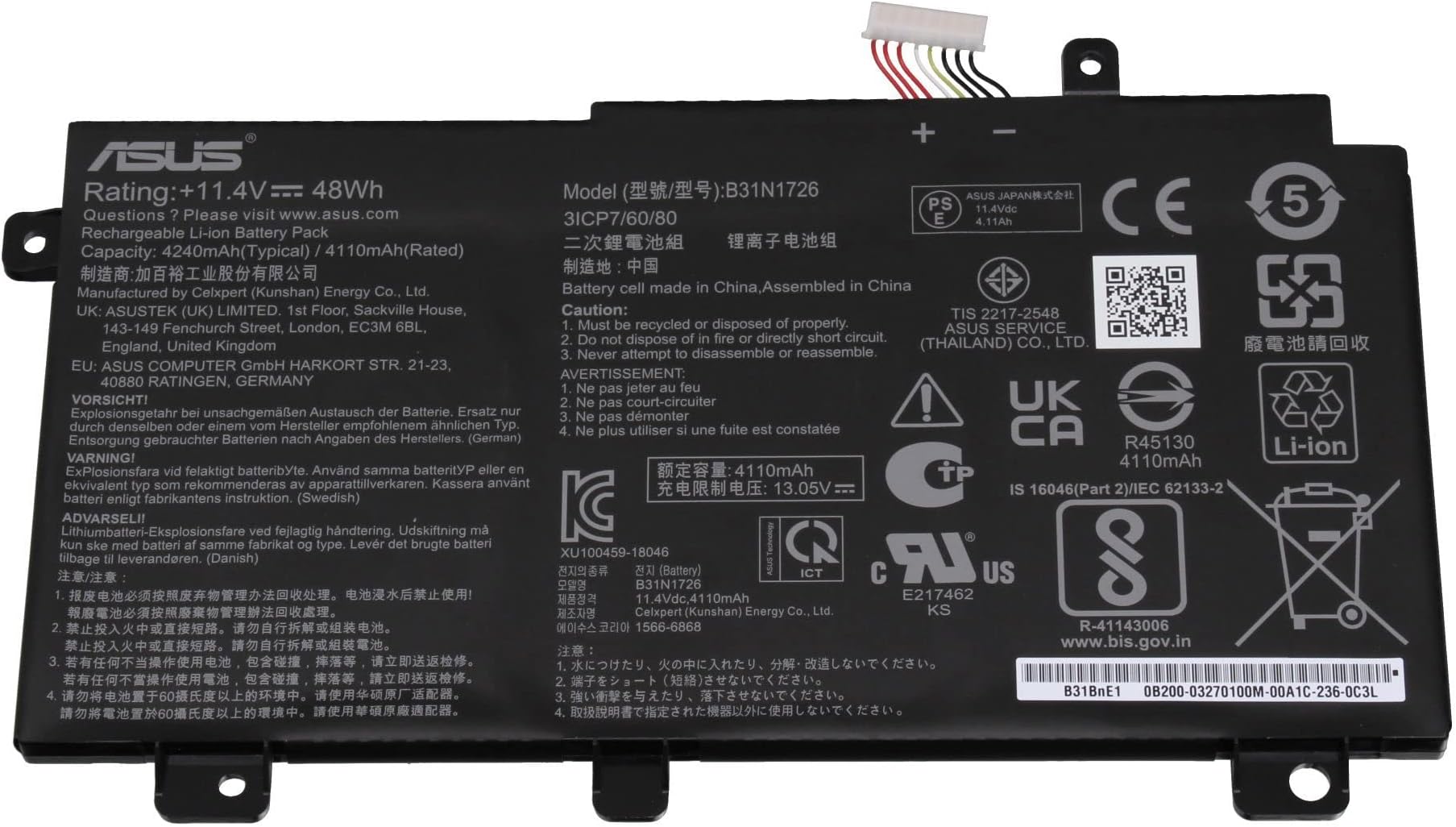 11.4V 48Wh Laptop Battery B31N1726 Laptop Battery For Asus TUF Gaming FX504 FX505 Series - 11.4V 48Wh Replacement FX504 FX505 Battery