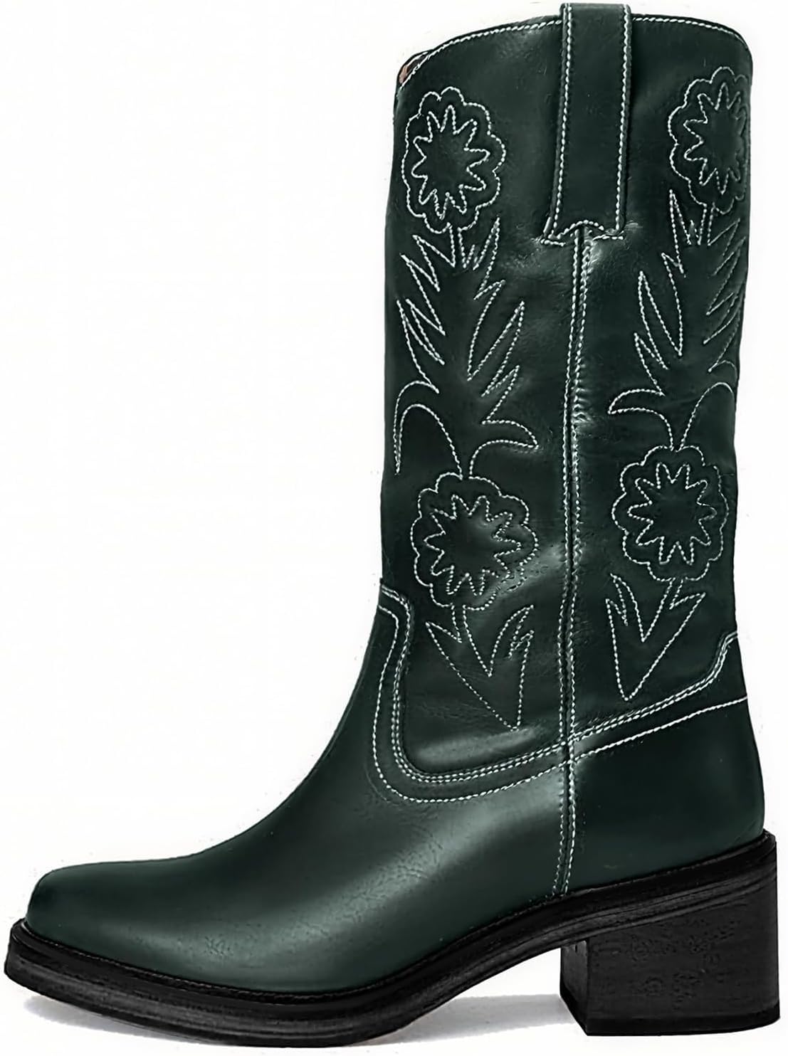 Alsoloveu Floral Embroidery Cowboy Boots Women Square Toe Cowgirl Western Boots Chunky Heel Stitched Mid Calf Boots for Country Concert Party