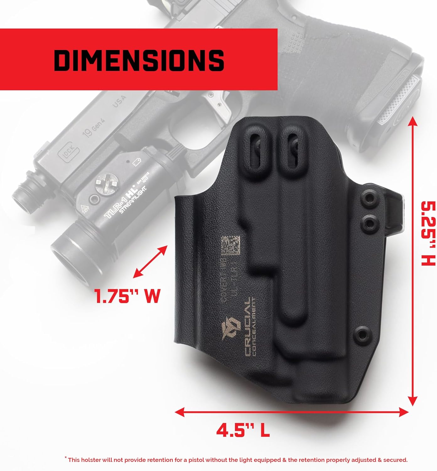 Crucial Concealment® - Ambidextrous Universal Light Holster for TLR-1/TLR-1 HL | Concealment Holster with Light | Adjustable Retention | IWB Holster Clip