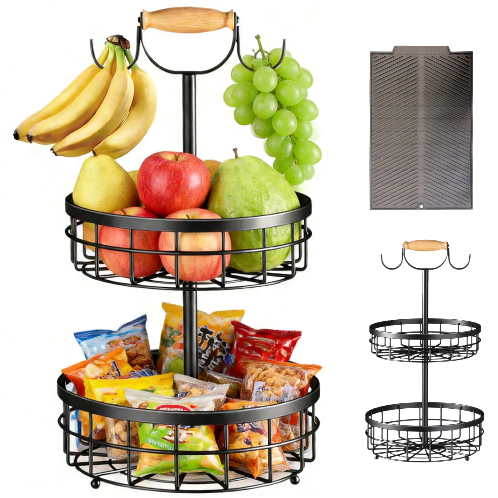 Grande Corbeille à Fruits 2 Étages en Métal Noir – Panier Moderne avec Support à Banane et Tapis de Drainage, Parfait pour Fruits, Légumes et Pain, Facile à Assembler, Gain de Place