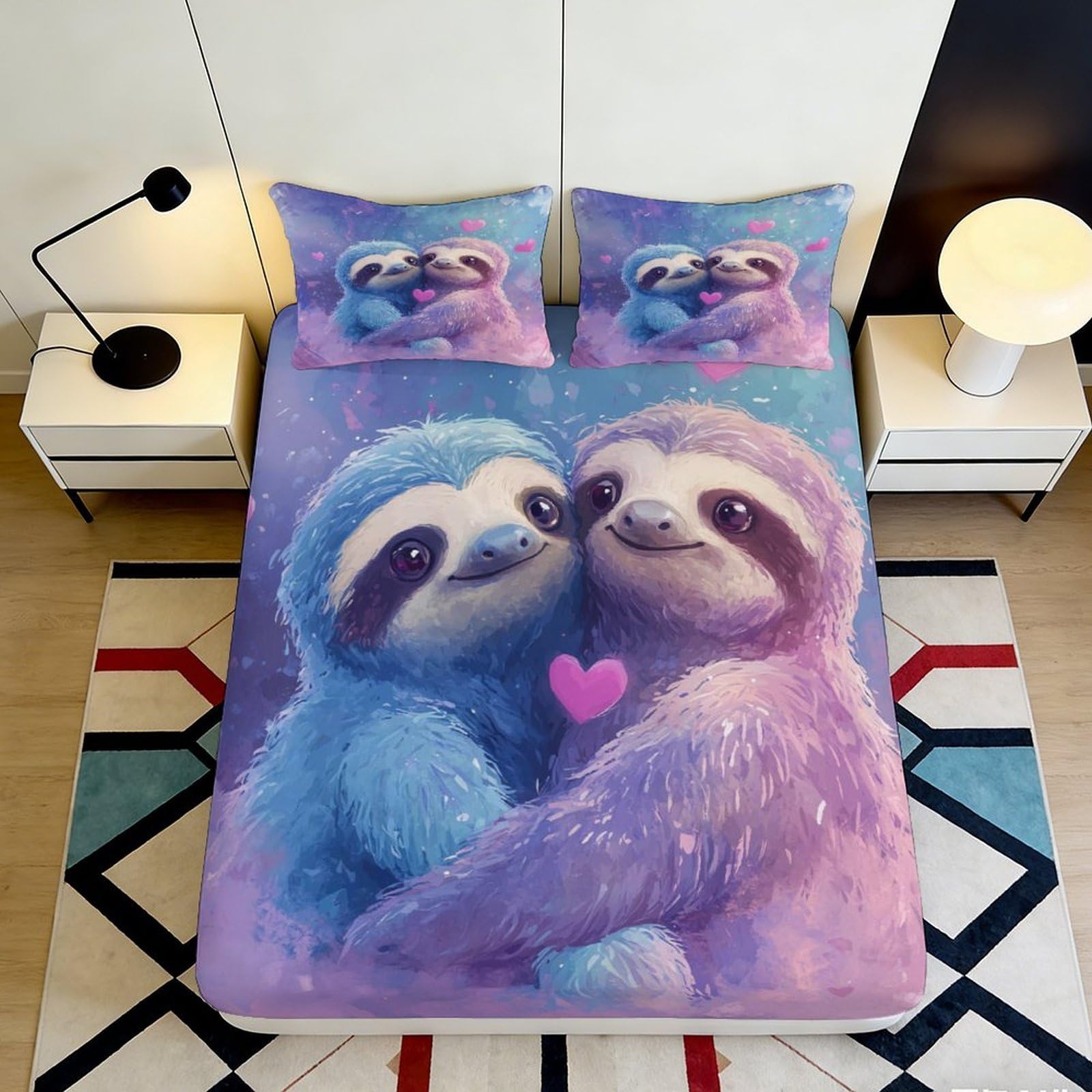 3D Printed Cute Sloth Love Fitted Sheet Microfiber Soft Breathable Pastel Hug Mattress Cover for Bedroom Dorm Decor 180x200x25cm