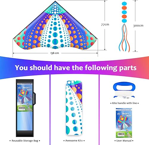 Miniatura 23 de HONBO Cometa Delta grande para niños y adultos, extremadamente fácil de volar para viajes a la playa, línea de cuerda incluida, con cola colorida