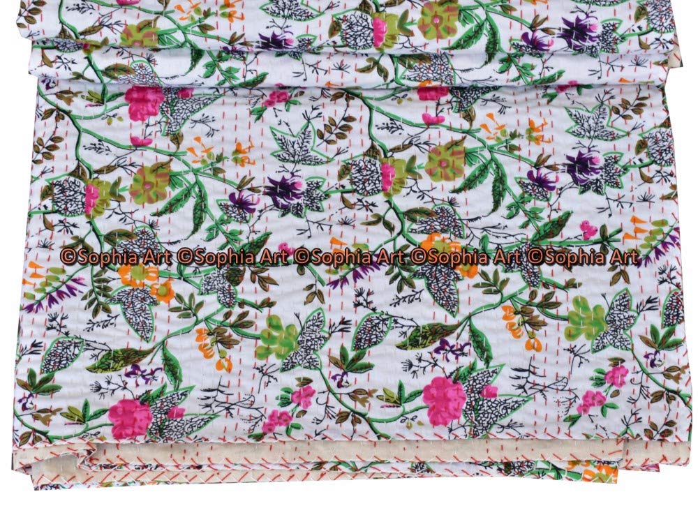 Sophia-Art Indyjski podwójny / król ptak rajski nadruk Kantha kołdra Kantha koc narzuta na łóżko Kantha narzuta na łóżko czeska pościel Kantha koc narzuta (biały, bliźniak 152 * 230 cm)