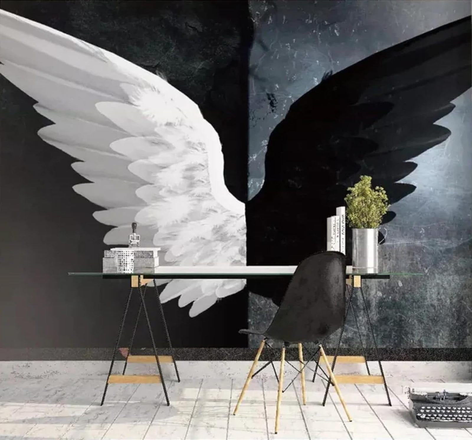 Xlming 200Cm×140Cm(B×H) Creative Black And White Angel Wings Art Unique 3D Wallpaper Luxury Home Dining Decor Paste Sofa Living Room The Wall For Bedroom Mural-200Cm×140Cm