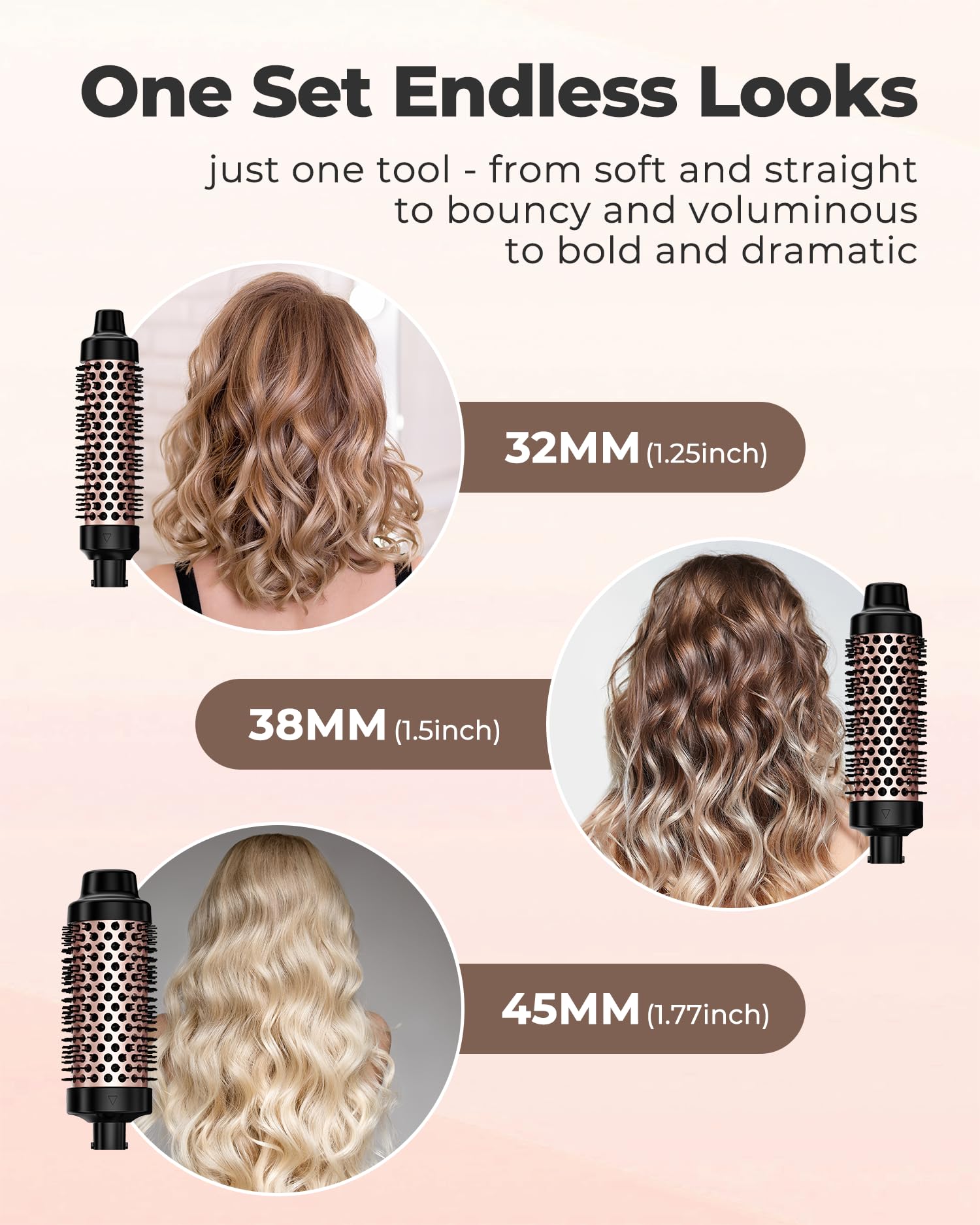 Farery Rizador de pelo térmico de 9 temperaturas Cepillos calientes para cabello medio a grueso y grueso, cepillo de cerámica de calentamiento rápido, cabezales de cepillo intercambiables, con doble