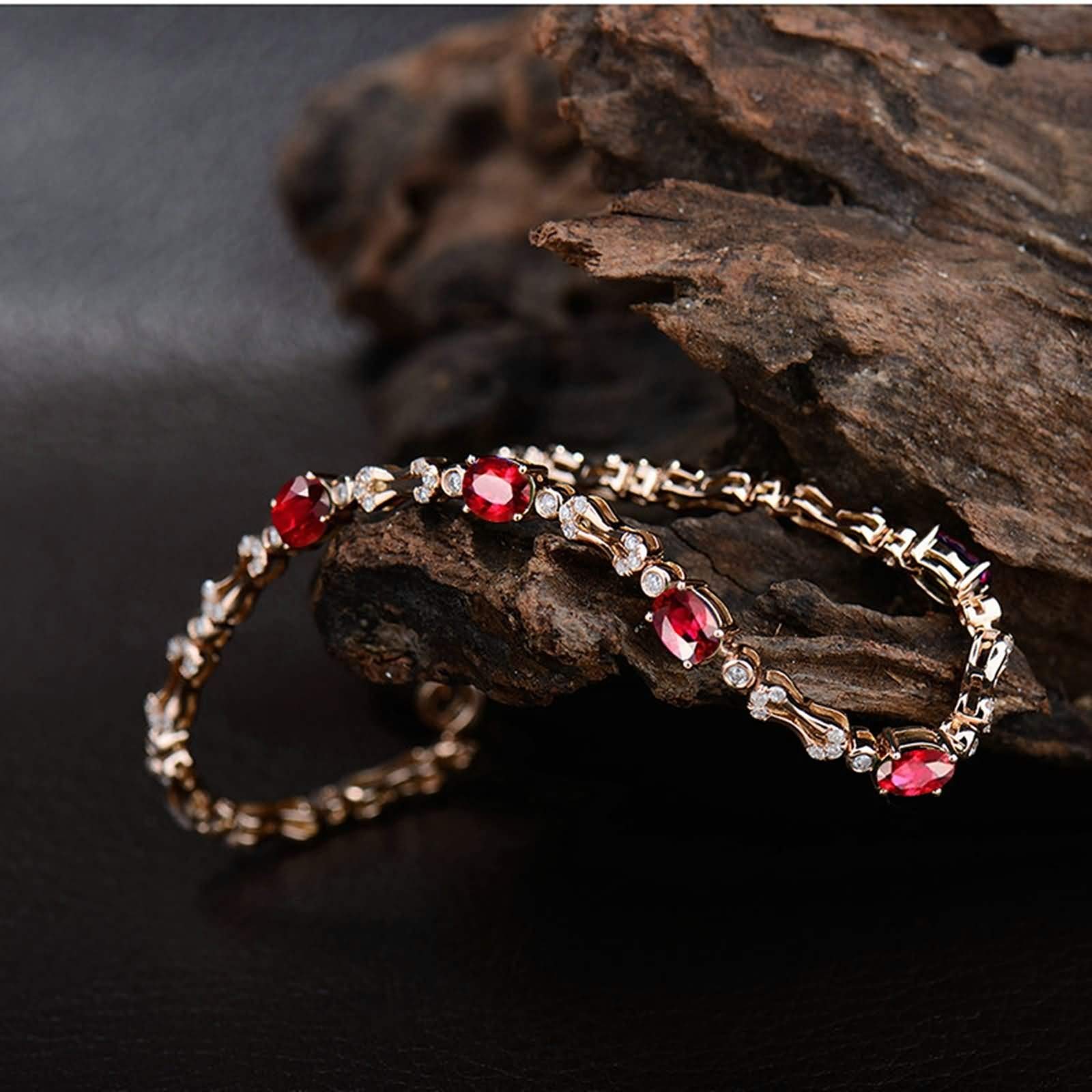 Pulseras Mujer Oro Rosa 9K / 14K / 18K, Oval con Rubí de 2 ct y Diamante de 0,62 ct, Cadena 16 CM, Pulseras Oro Rosa Mujer de