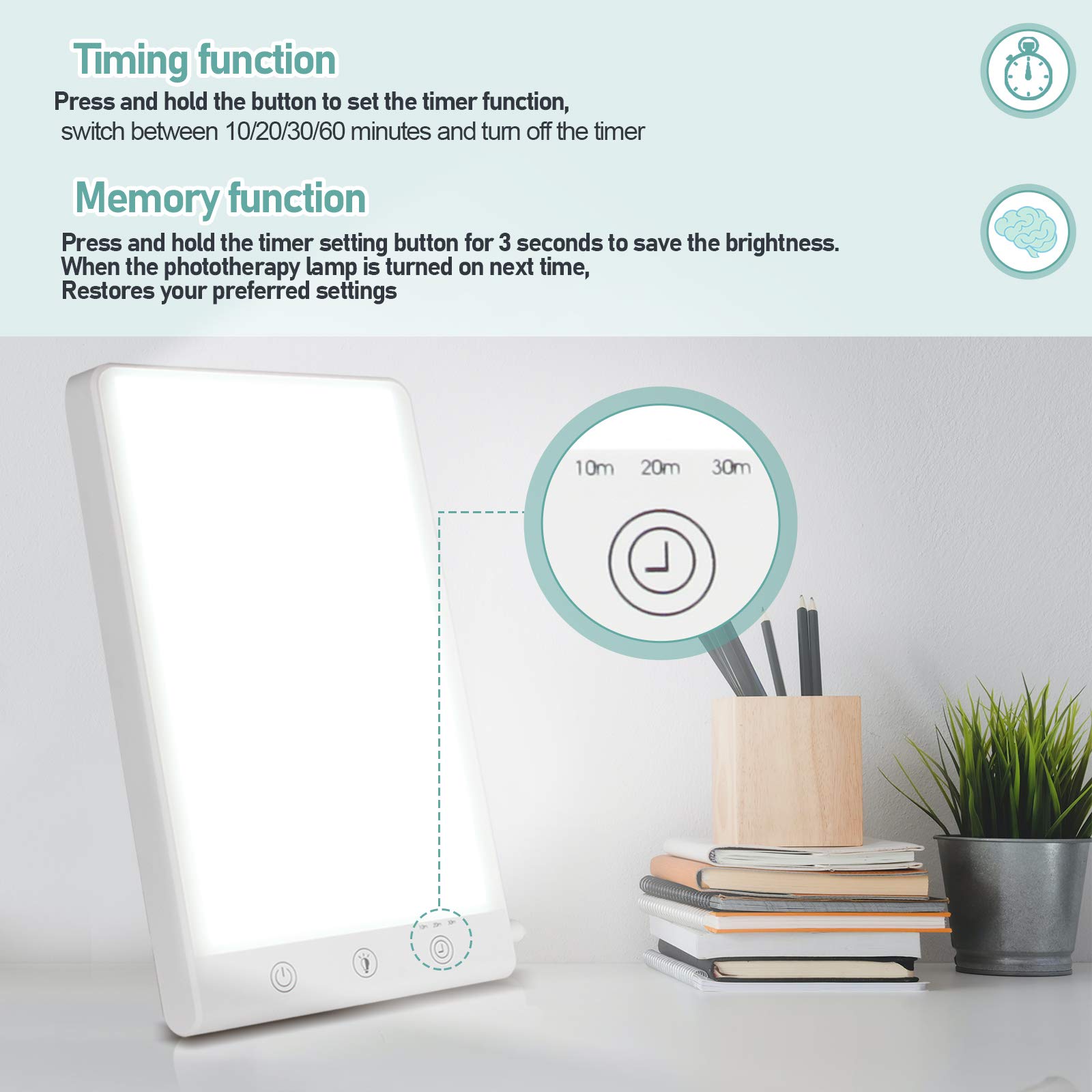 Lampe lumière du jour 11000 lux Lampe solaire portable avec 3 niveaux de luminosité Fonction mémoire, minuterie Lumière du jour, sans UV