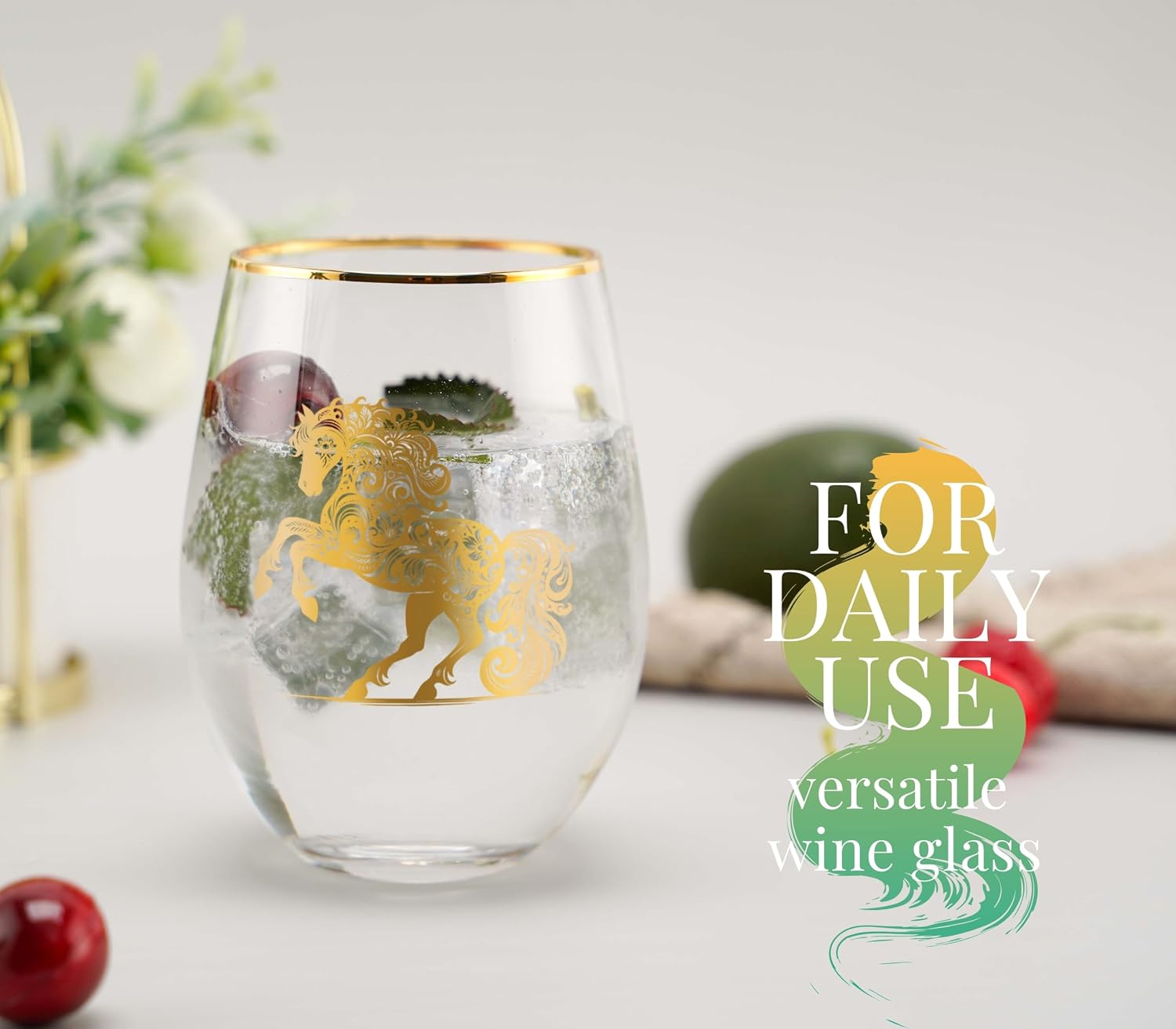 Onebttl Horse Gifts for Women Men, 18oz Stemless Wine Glasses with Horse, Perfect for Horse Lovers for Birthday, Christmas