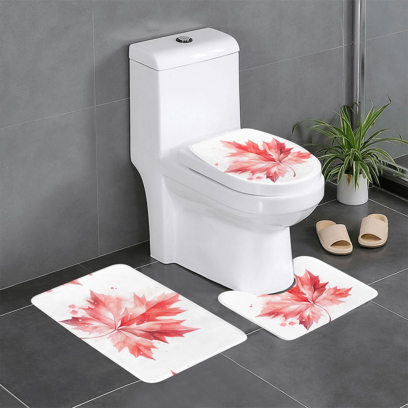 Tapis de salle de bain antidérapants 3 pièces motif feuille d'érable rouge sécurisés