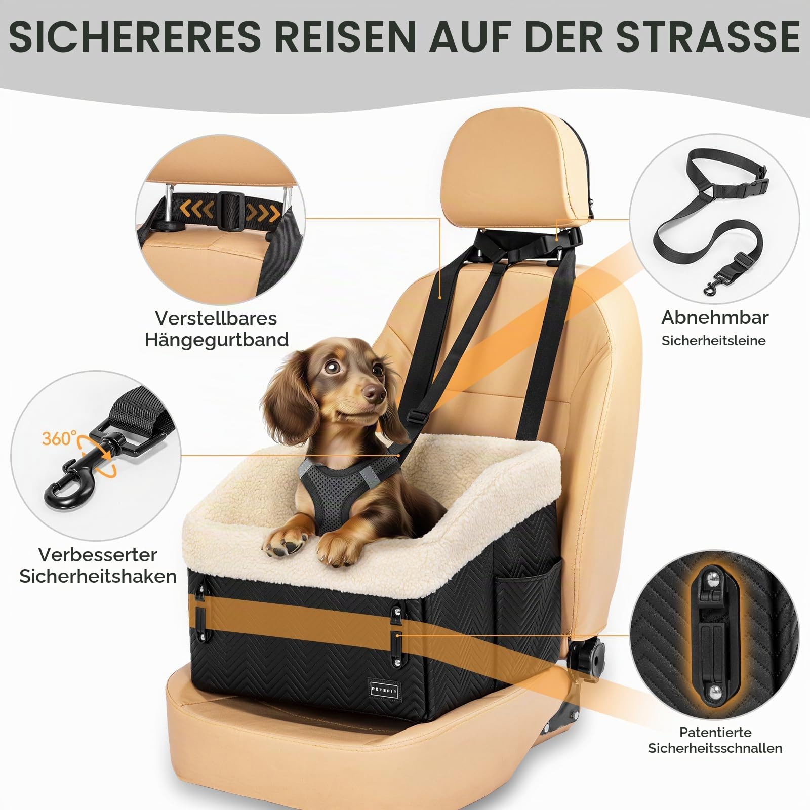 PETSFIT Hunde Autositz, Hundeautositz Hundesitz kleine Hunde mit Patent sichere Schnallen,Abnehmbarer und waschbarer Plüschbezug, Auto Rückbank Beifahrersitz