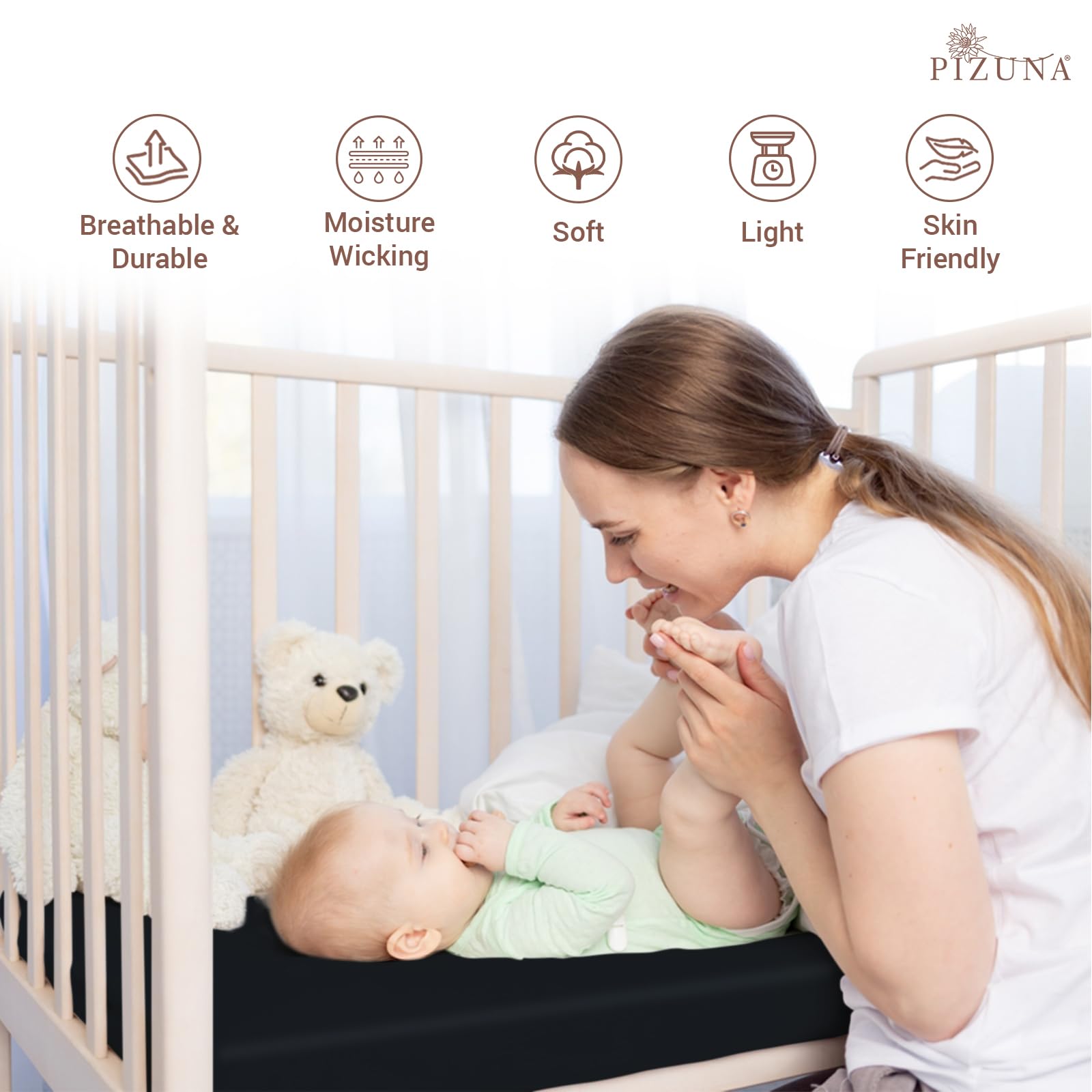Pizuna 100% Cotton Fitted Crib Sheet Black, 400 Thread Count Long Staple Cotton Fitted Crib Sheet 40x90 cm - Image 2