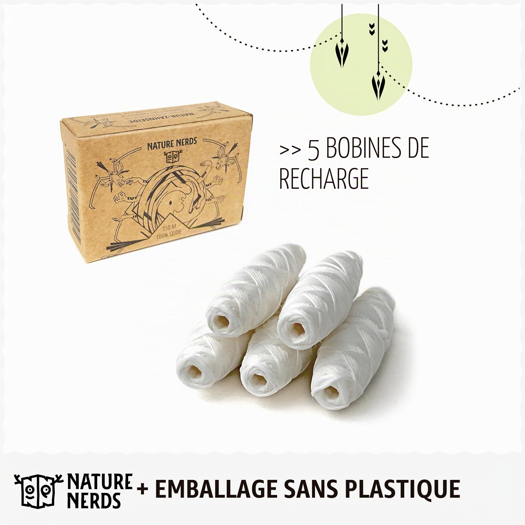 Nature Nerds - Pack de recharge : Fil dentaire naturel, 5 bobines, 150 m | Ciré à la cire de candelilla, sans PFAS, sans goût, sans huiles essentielles, sans fluor, recharge, emballage sans plastique