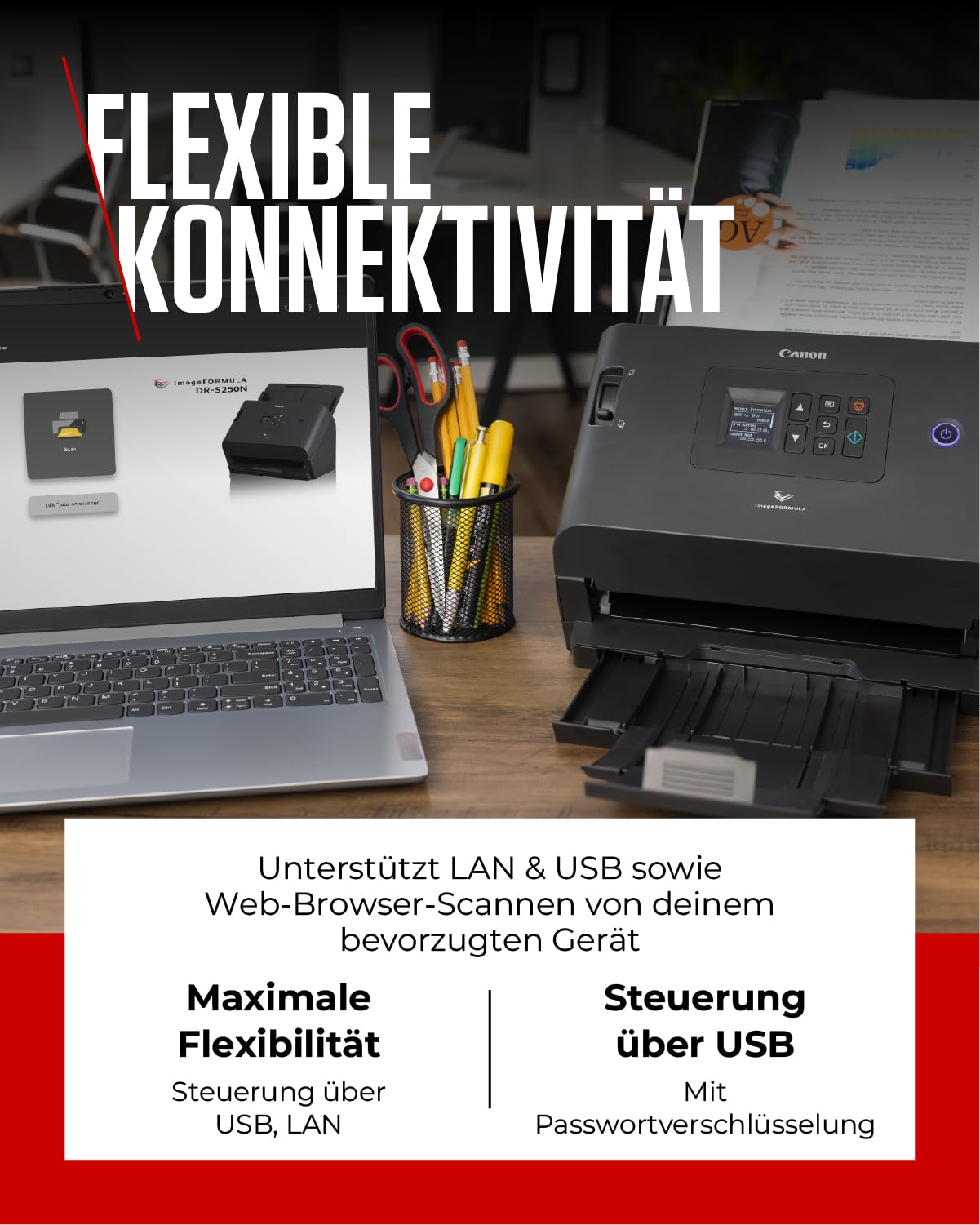 Canon Scanner imageFORMULA DR-S250N| Dokumentenscanner mit Web-Scan Funktion | Duplex Scanner mit Einzug | LAN & USB | 60 Blatt Einzug | 50 Seiten/Min | CaptureOnTouch Software mit OCR I PDF I Twain