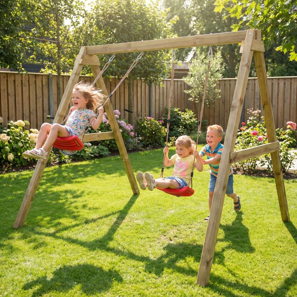 Altalena in Legno Maxplay Swing con Doppia Seduta da Giardino – Altalena Bambini da Esterno, Struttura in Legno Impregnato in Autoclave, Resistente per Uso Privato, Giochi da Giardino 3-10 Anni