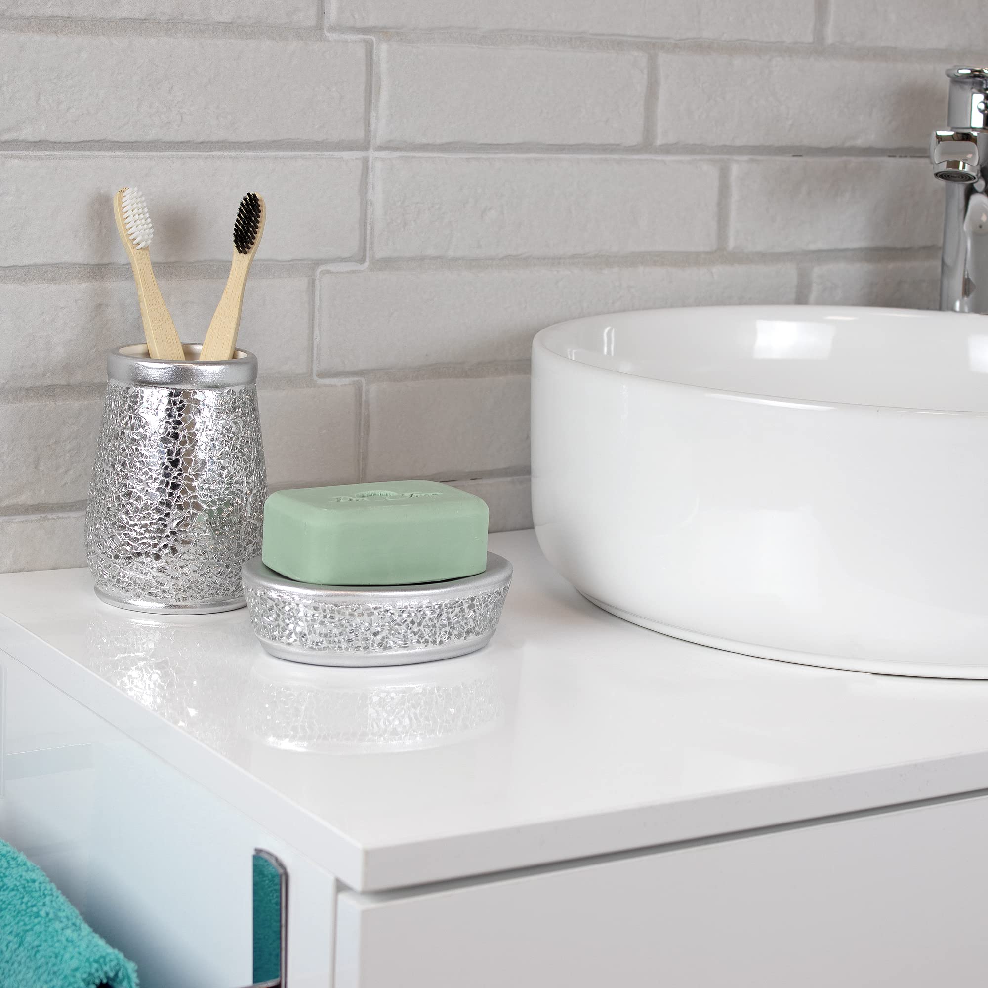 Vaso Cepillo Dientes baño | Serie Trencadis Plata | Resina y Cristal | Color Plata | para baño o Cocina | 8 cm ∅ x 12 cm Alto