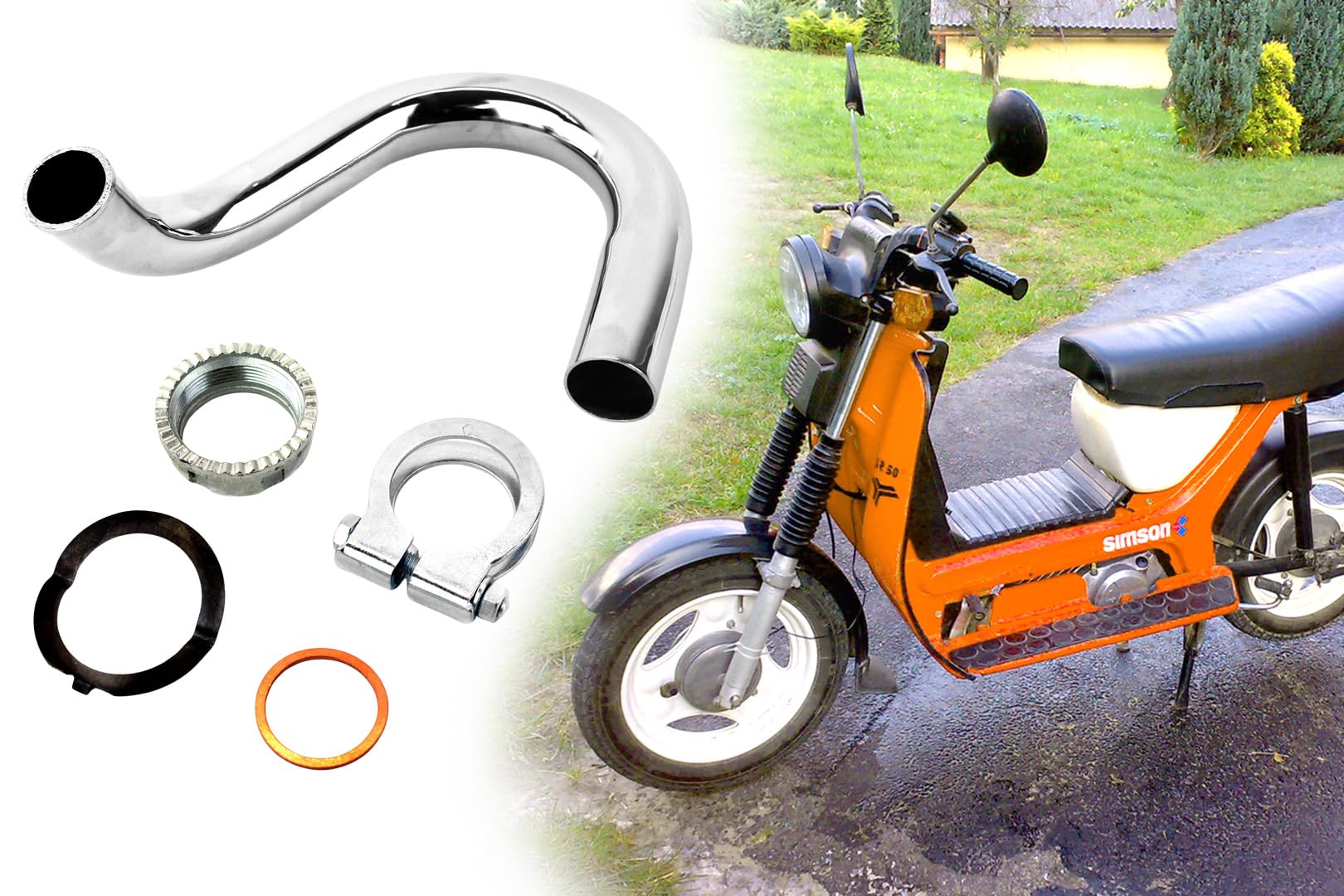 Krümmer + Krümmermutter-Set 32mm Tuning, für Simson SR50 SR80 Roller, verchromt, mit Klemmschelle, Krümmerdichtring, Sicherungsblech