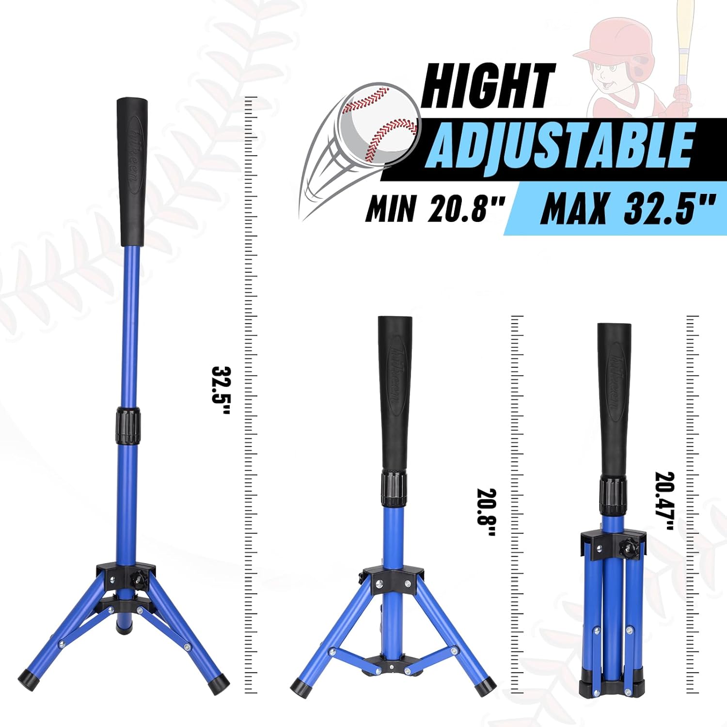 Hikeen Baseball Tee for Kids | Height Adjustable Batting Tee (20.8” to 32.5”) | Portable, Stable Baseball Tees for Hitting with Carry Bag | Perfect Softball & Baseball Training Tee for Children