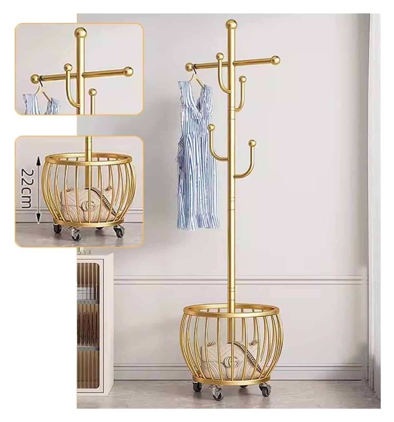 Porte-vêtements autonome or avec panier de rangement métallique pour dressing