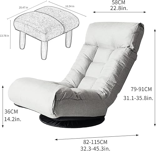 Miniatura 8 de Silla giratoria de 360 grados para juegos, silla de piso plegable con respaldo ajustable, tumbona acolchada para interiores con taburete, sofá