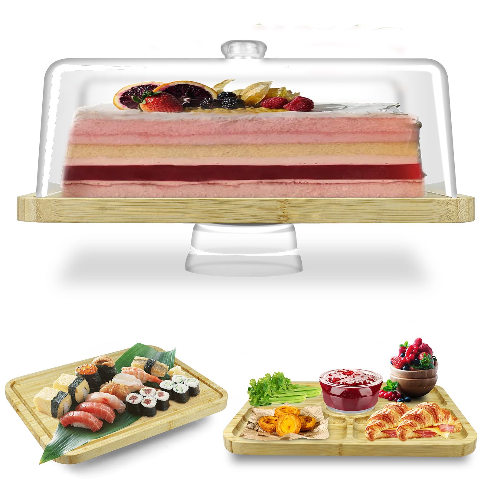 Cutesun Soporte para tartas de madera de bambú con tapa, soporte rectangular para tartas, juego de exhibición de mesa de postre 2 en 1 de 16 pulgadas y tabla de embutidos para queso, patatas fritas
