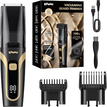 Beard Trimmer for men, Vacuum Mustache Trimmer Electric Shaver, Black | Body Hair Trimmer with Type-C Charging, LCD Display, IPX7 Waterproof, Dual-Motor,Length Adjustable Blade Wheel 1/25"-4/5"