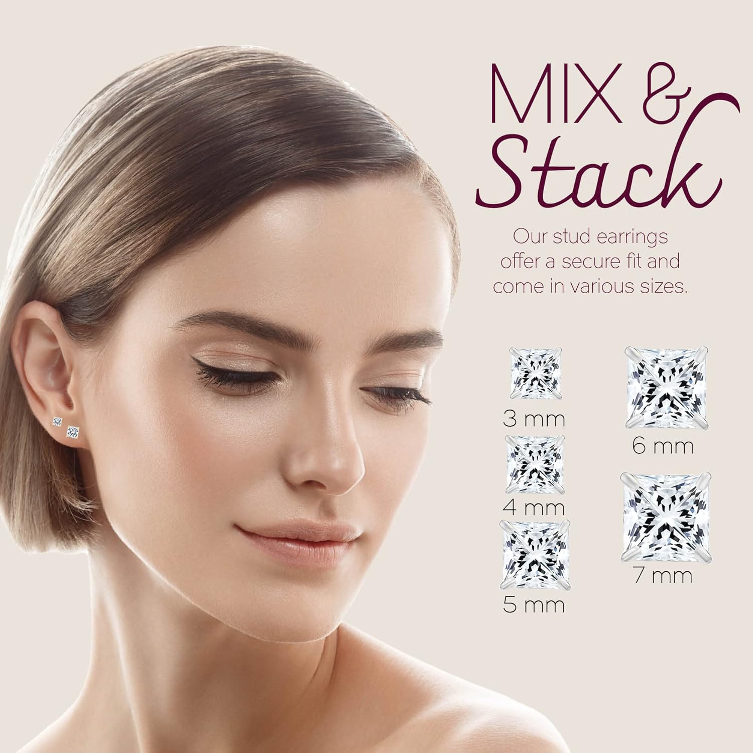 Solid 14k White Gold Solitaire Square Princess-cut CZ Stud Earrings with Screw-back