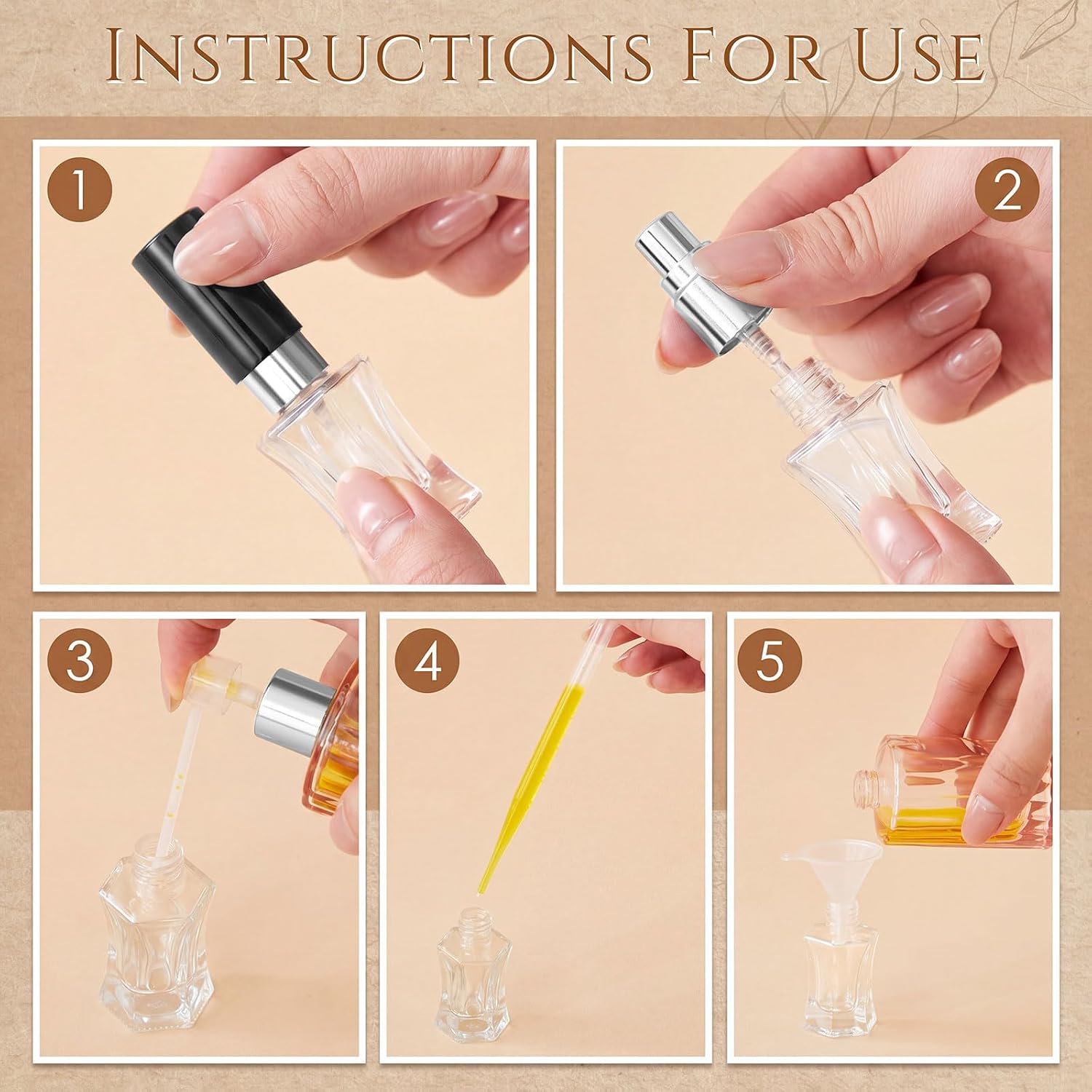 Domensi 30 Pack 5ml/8ml/10ml/15ml Perfume Bottles Empty Kit, Vintage Glass Perfume Travel Refillable Bottles, Mini Leak-proof Refillable Atomizer Spray Kit for Wedding Gifts(Black)