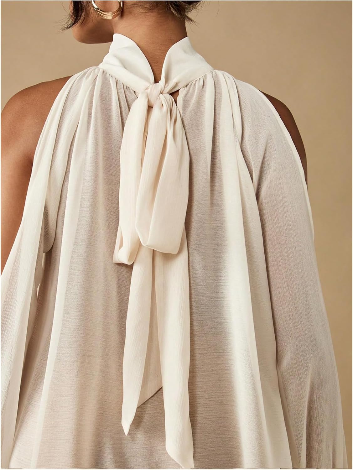 OYOANGLE Women's Split Bishop Sleeve Flowy Chiffon Blouse Mock Neck Tie Back Dressy Sheer Tops - Image 5