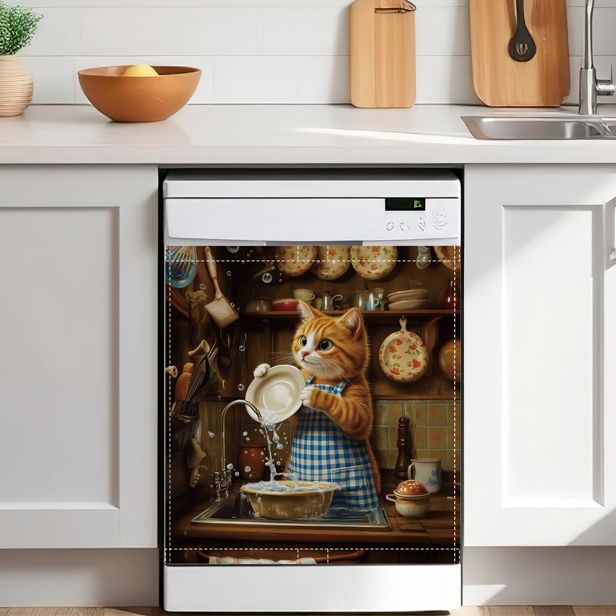 Funny Cat Magnetic Dishwasher Cover,Removable Waterproof Dishwasher Front Panel Sticker,Decorative Refrigerator Cover for Kitchen Decor,23x26 in