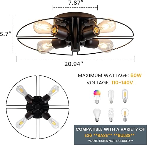 Miniatura 2 de Lámpara Sputnik de 4 Luces Negra de Montaje al Ras Luces de Techo Industrial de Madera 21" Luces de Techo Modernas Estilo Granja para Cocina Negro