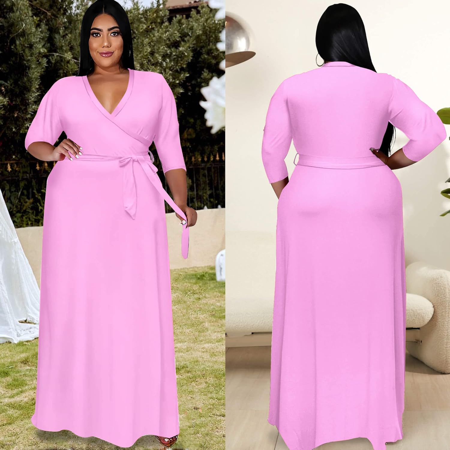 Nmoder Plus Size Maxi Dress for Women - Summer Casual 3/4 Sleeve Floral Flowy Long Dress with Belt XL- 6XL - Image 6